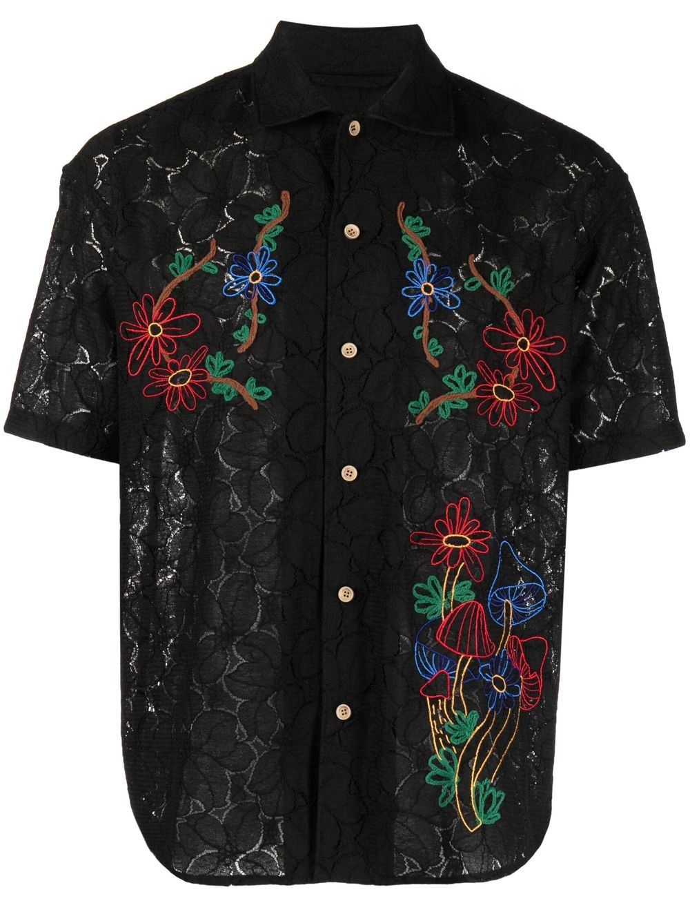 Andersson Bell Floral-embroidered Patterned-jacquard Shirt In Black