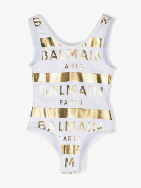 Balmain Kids metallic logo-print swimsuit