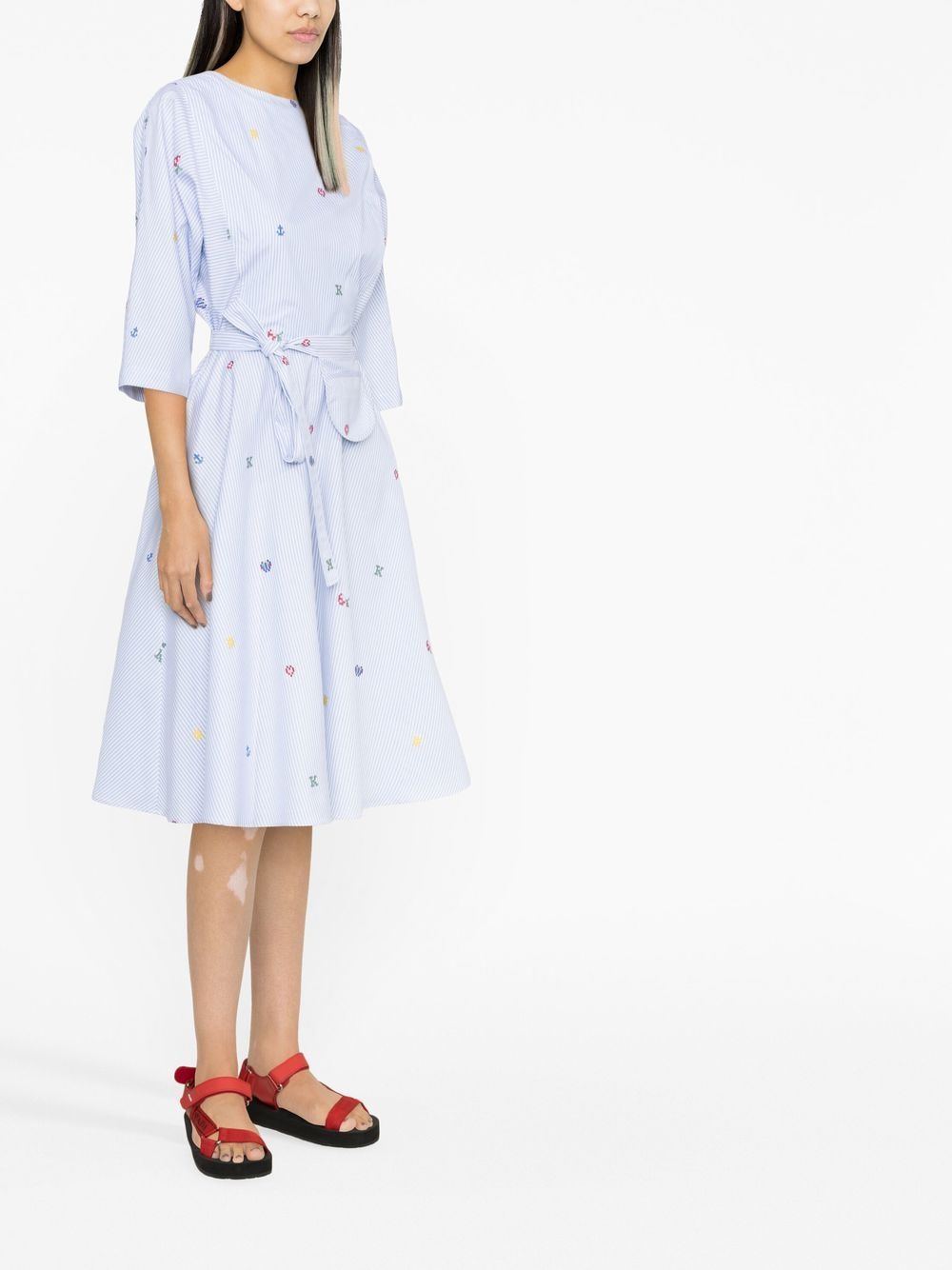 Shop Kenzo Motif-print Tied-waist Dress In Blue