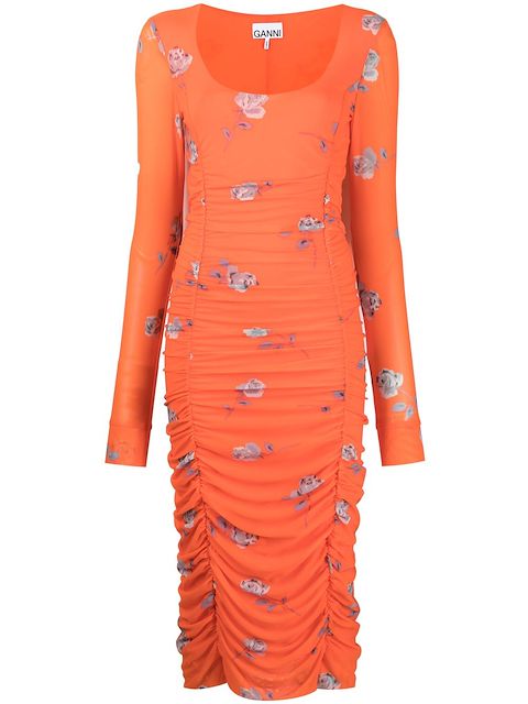 GANNI floral-print ruched midi dress