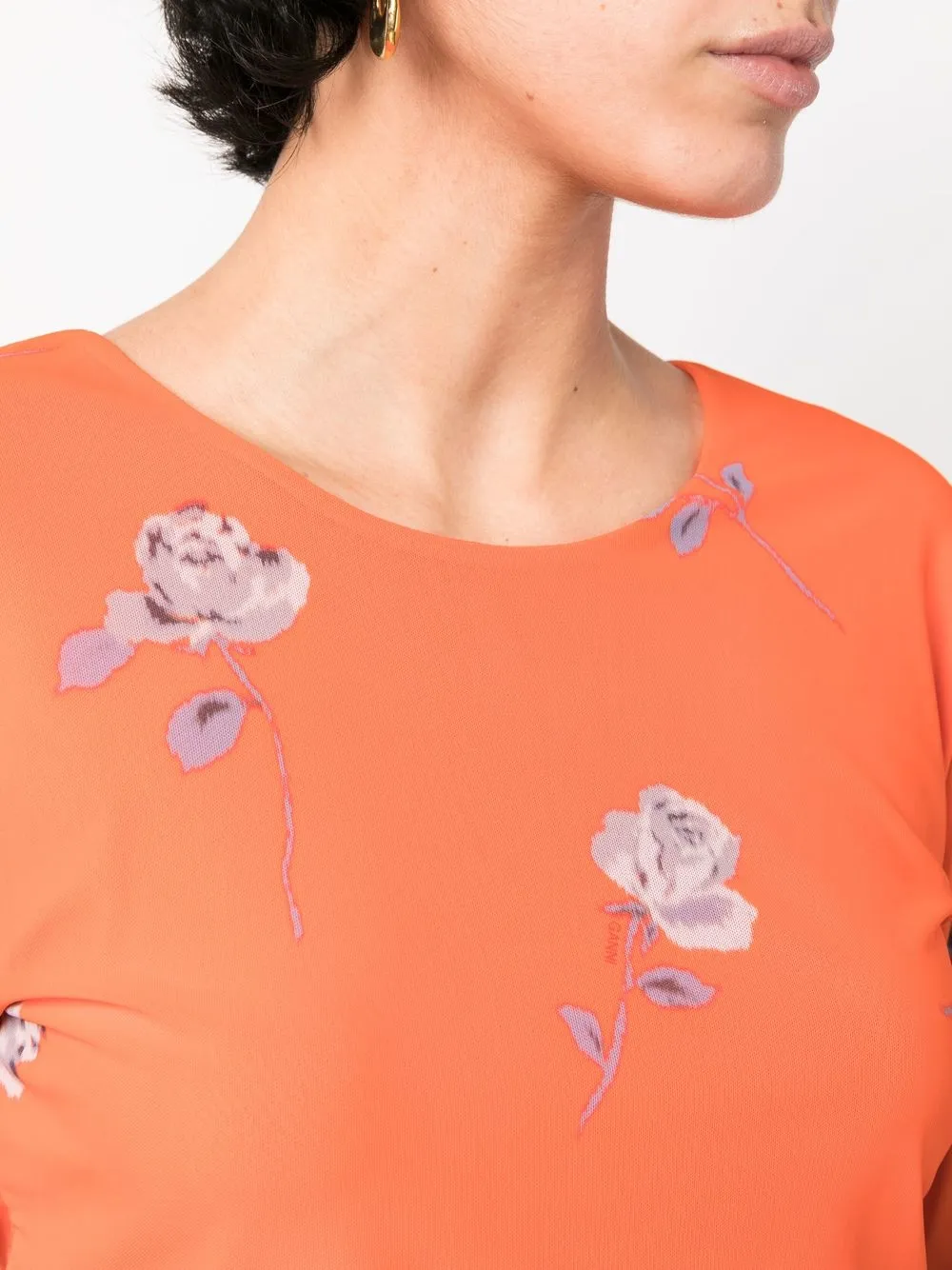 Ganni Short Sleeve Orange Printed Mesh Cropped T-shirt In Orange
