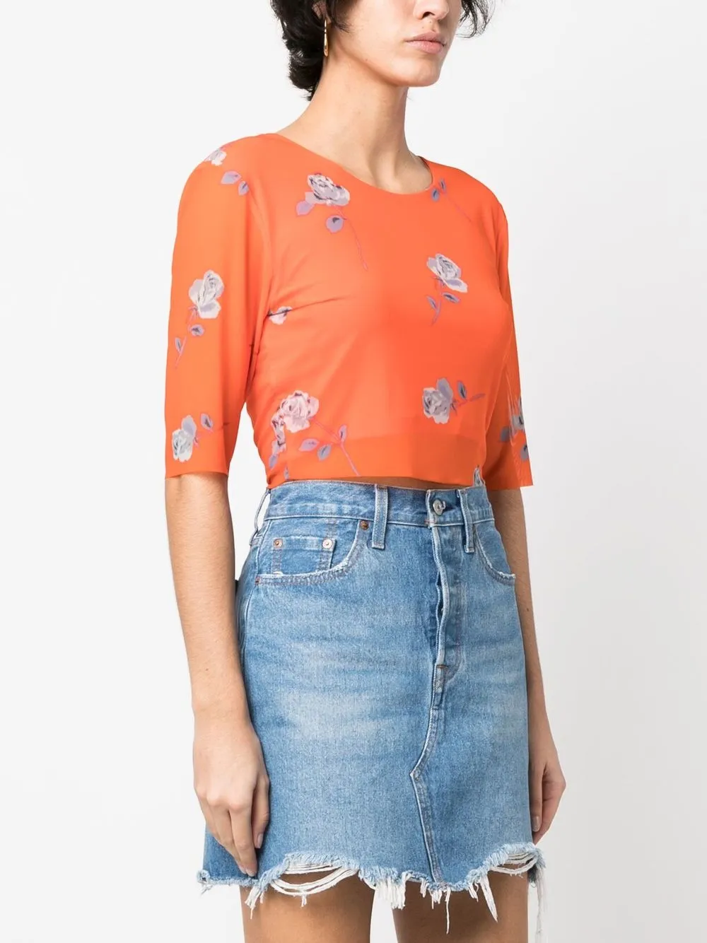 Ganni Short Sleeve Orange Printed Mesh Cropped T-shirt In Orange