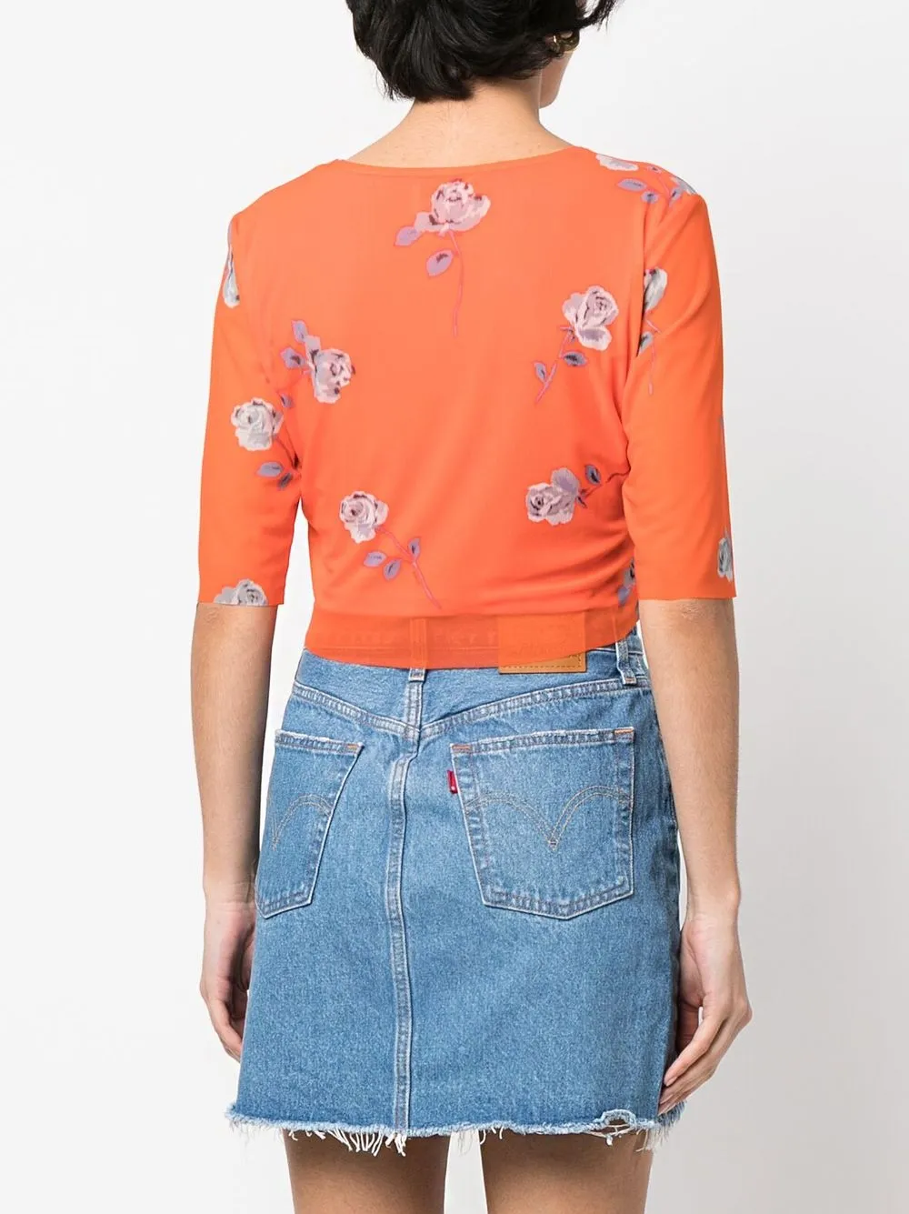 Ganni Short Sleeve Orange Printed Mesh Cropped T-shirt In Orange