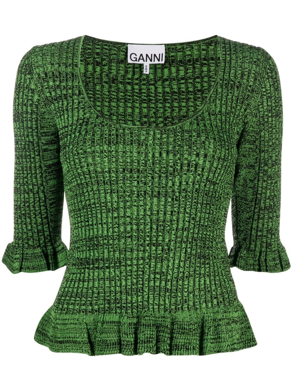 Shop Ganni Speckle Ribbed-knit Ruffled Top In Grün