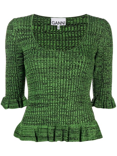 GANNI speckle ribbed-knit ruffled top