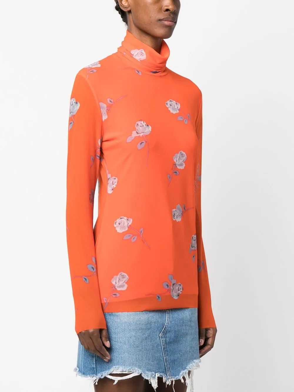 Cache Col Ganni Ganni Printed Mesh Long Sleeve Rollneck In Orange | ModeSens