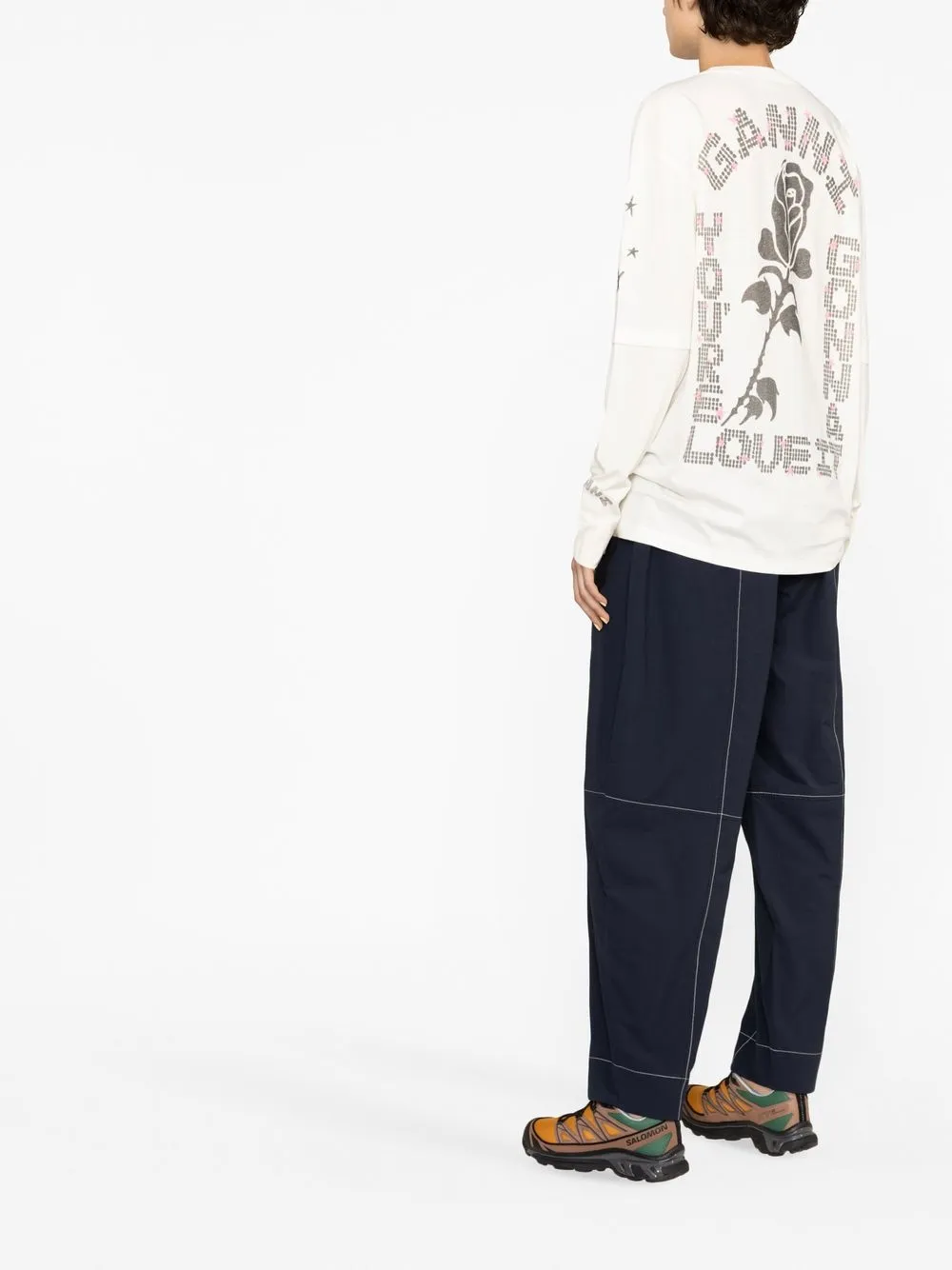 Ganni Graphic Logo Print Crewneck Long Sleeve Cotton Jersey T-shirt In Nude