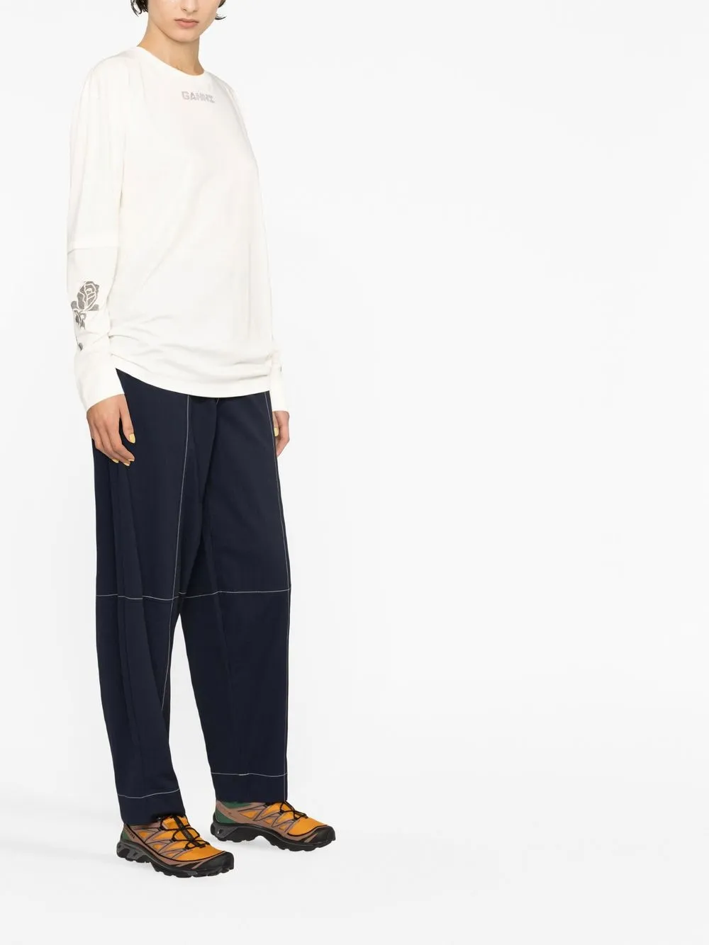 Ganni Graphic Logo Print Crewneck Long Sleeve Cotton Jersey T-shirt In Nude