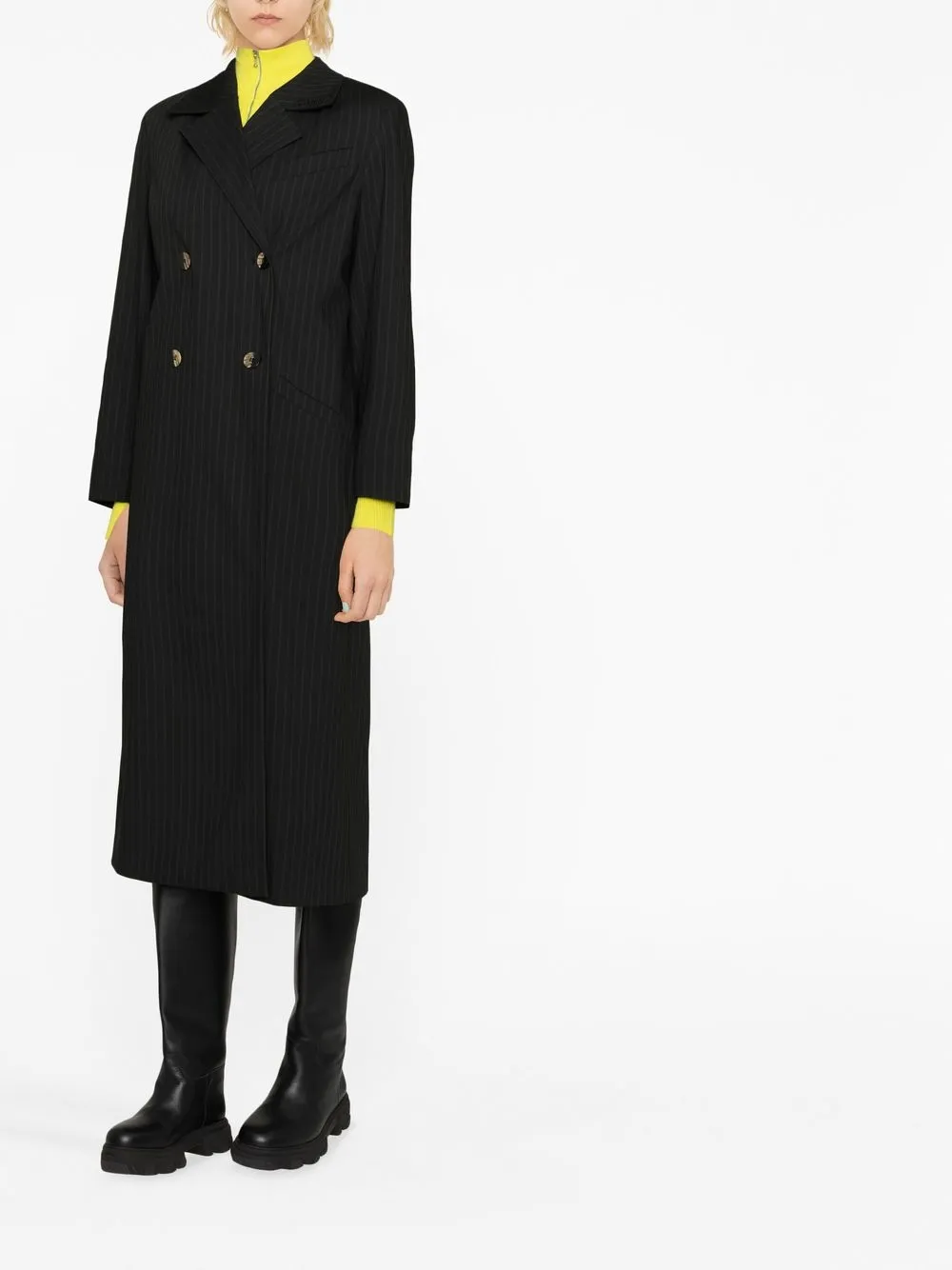 Ganni Double-breasted Striped Coat In Schwarz