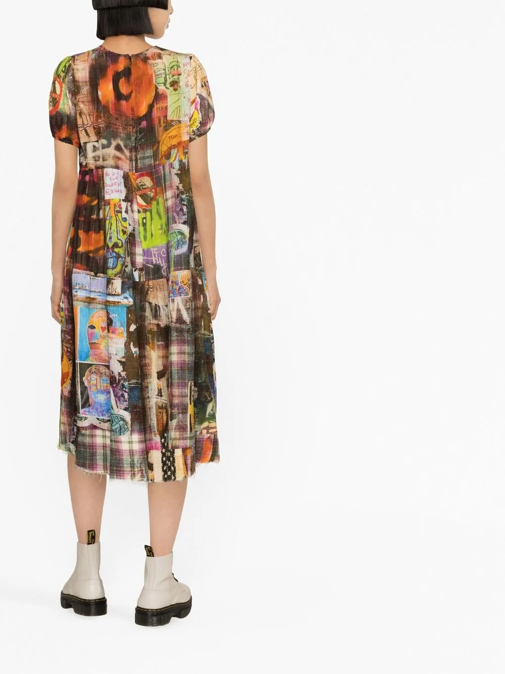 R13 Graffiti Plaid Raw Hem Crinkled Cotton Gauze Midi Dress In Multi ...