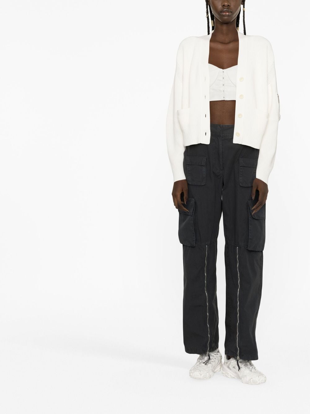 sacai ribbed-kinit cropped cardigan - Wit