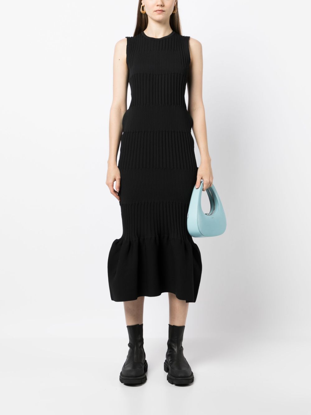 Shop Cfcl Fluted Ribbed-knit Midi Dress In Black