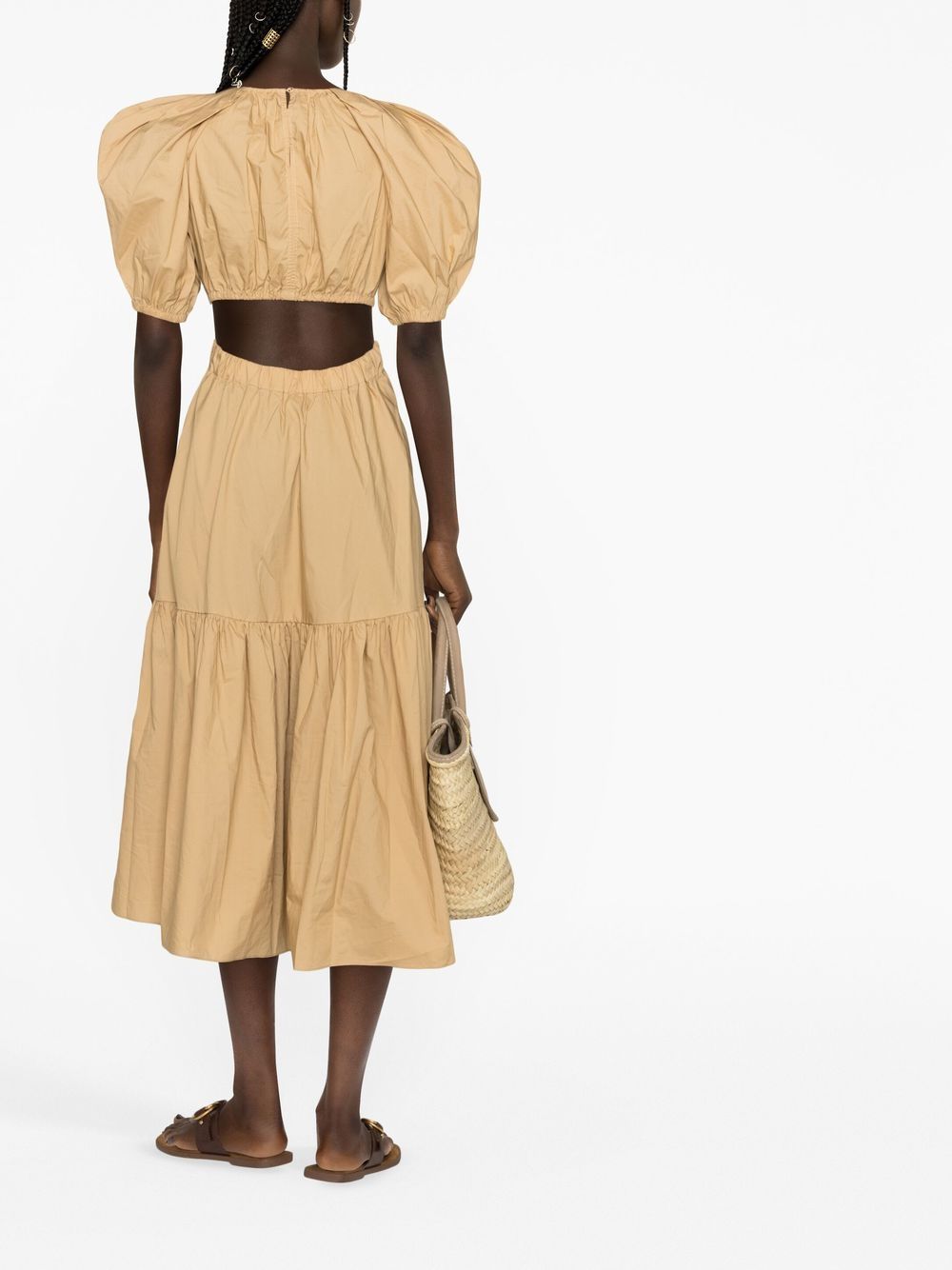 Ulla Johnson Claire Puff-sleeve Tiered Midi Poplin Dress In Nude | ModeSens