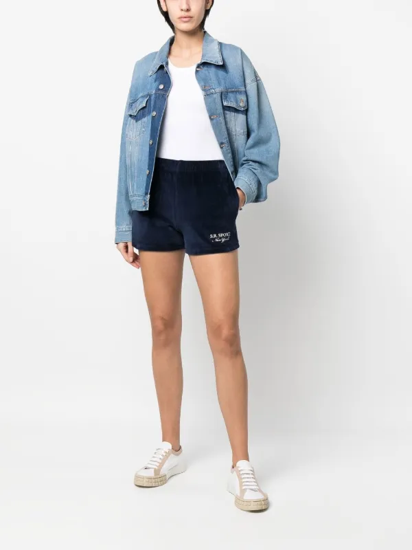 Sporty Rich embroidered-logo Velour Shorts Blue FARFETCH PL