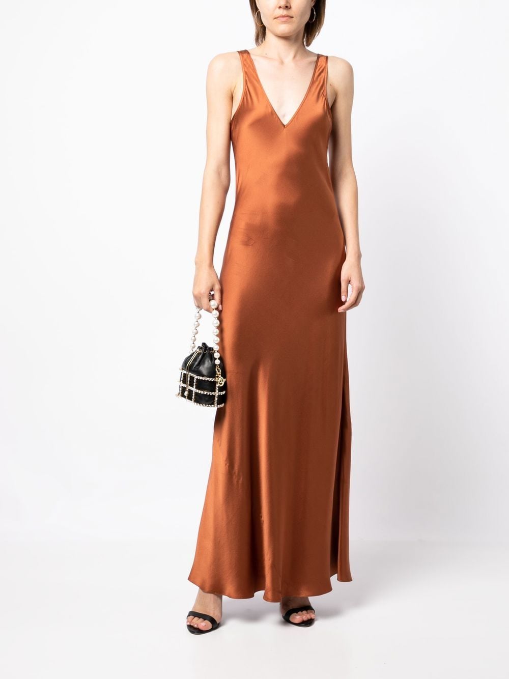 Shop Voz V-neck Silk Long Dress In Brown