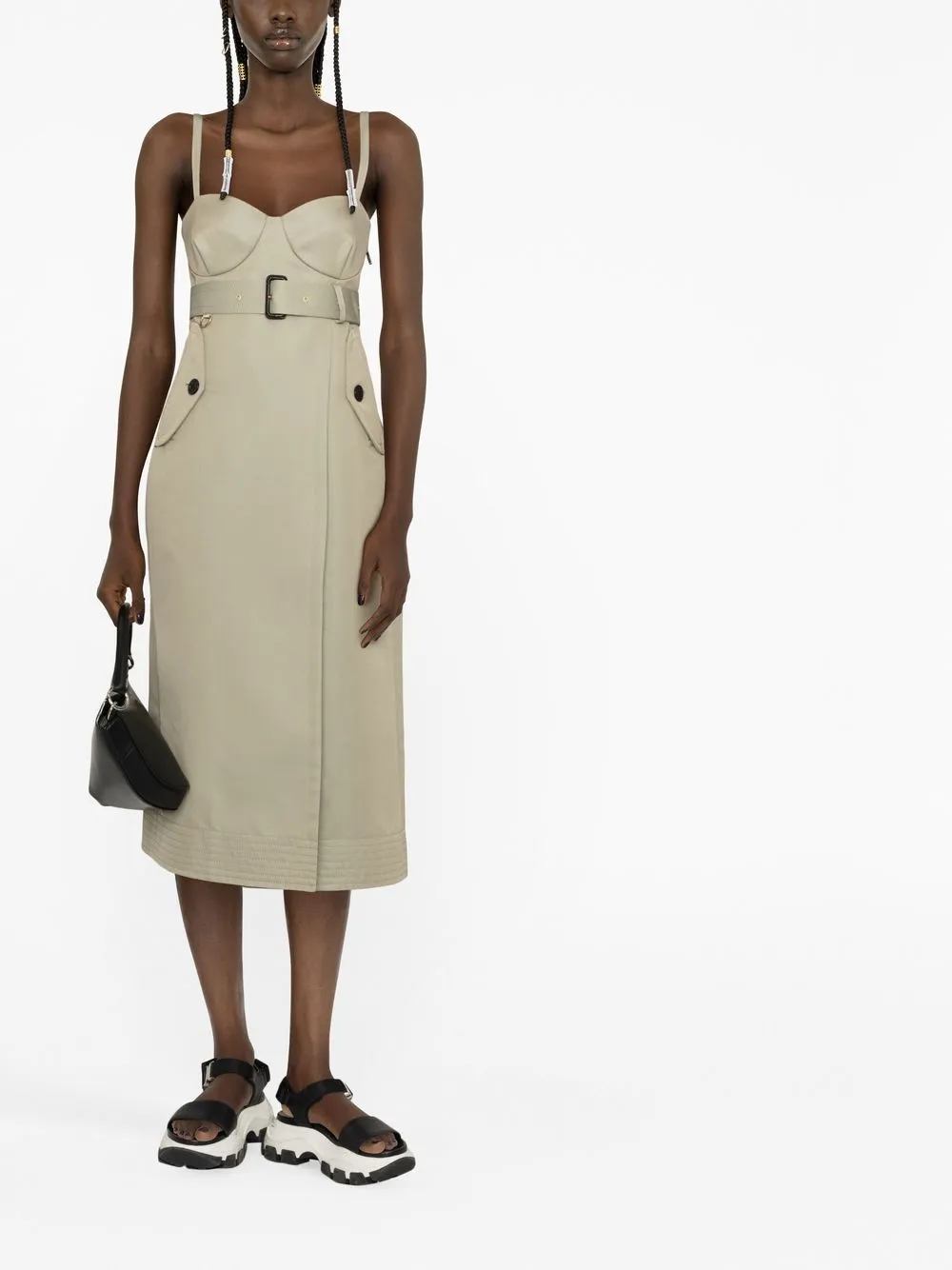 Shop Sacai Belted Bustier Midi Dress In Grün