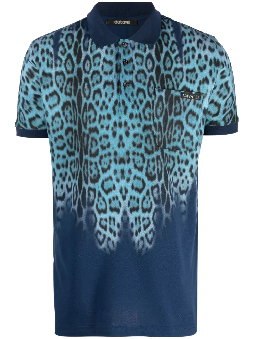 Roberto Cavalli Leopard-print Cotton Polo Shirt In Blue