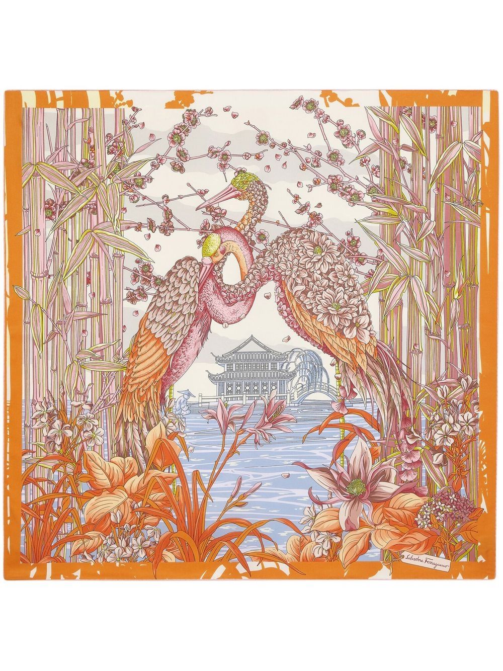 Ferragamo Aironi-print Silk Foulard In Orange