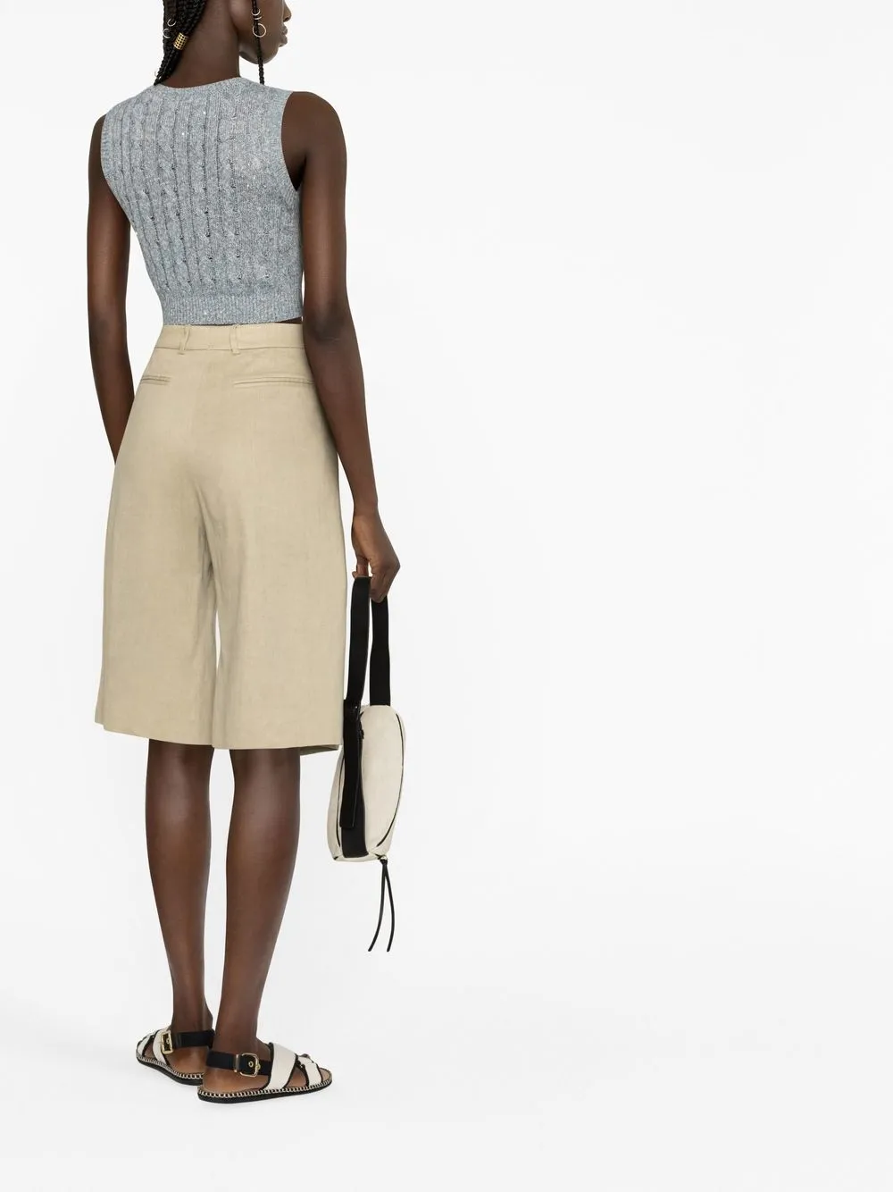Brunello Cucinelli Cropped Sequin-embellished Cable-knit Linen-blend Vest In Grey