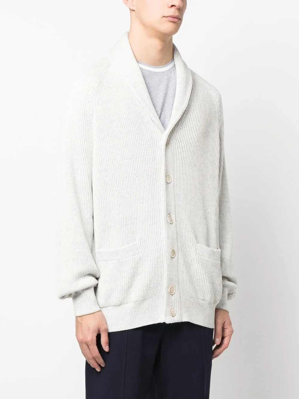 Brunello Cucinelli Shawl-collar Ribbed Cotton And Linen-blend Cardigan In Grey