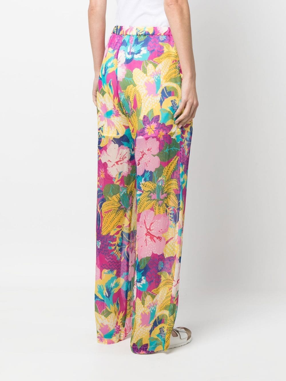 Shop Msgm Tropical-print Semi-sheer Straight-leg Trousers In Rosa