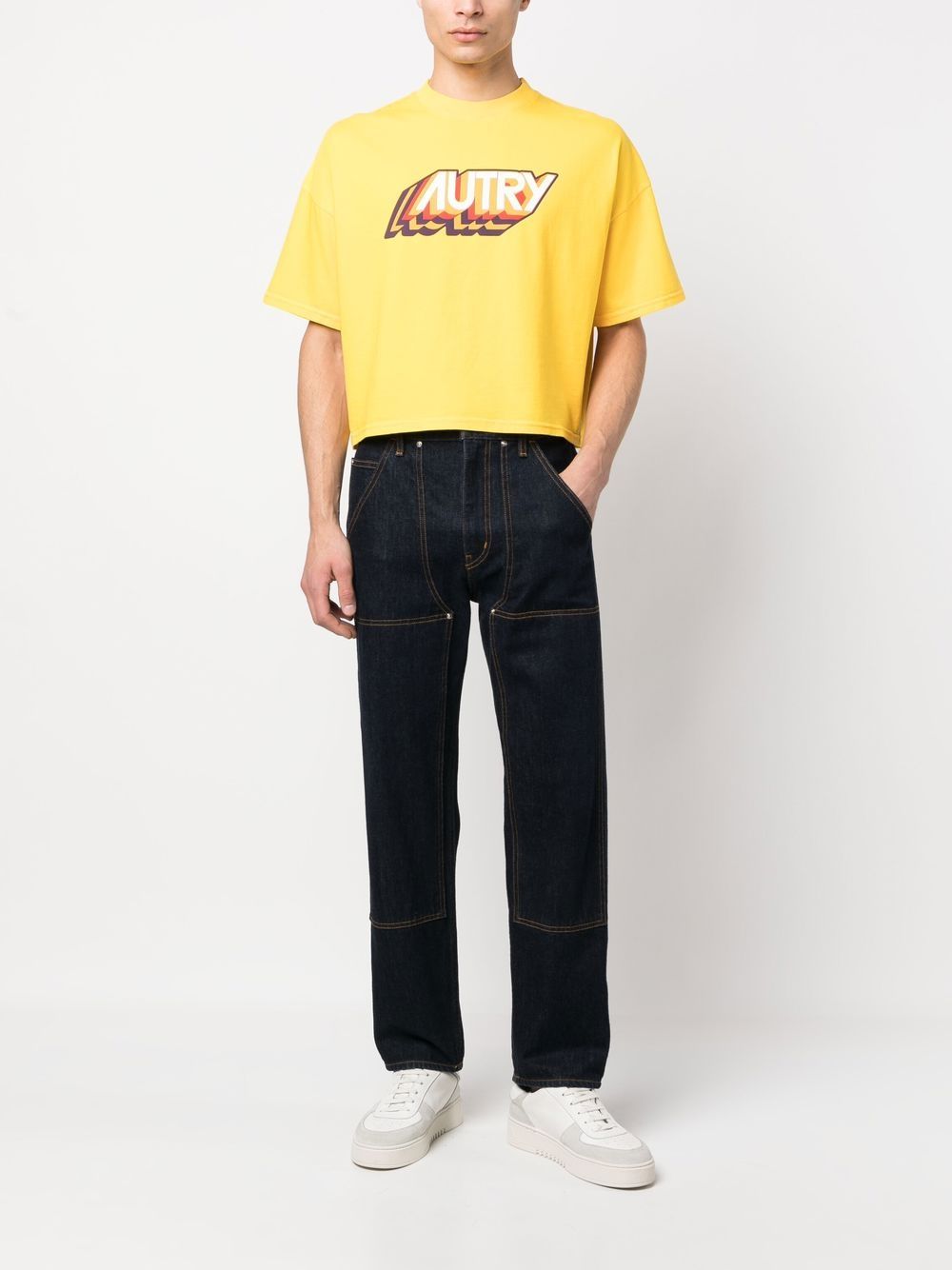 Shop Autry Logo-print Cropped T-shirt In Yellow