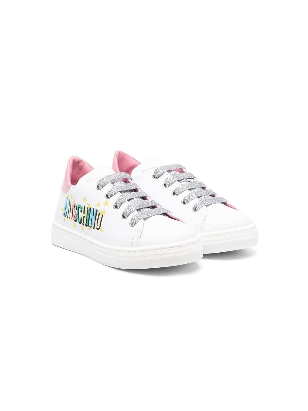 Moschino Kids' Embroidered Logo Leather Sneakers In White