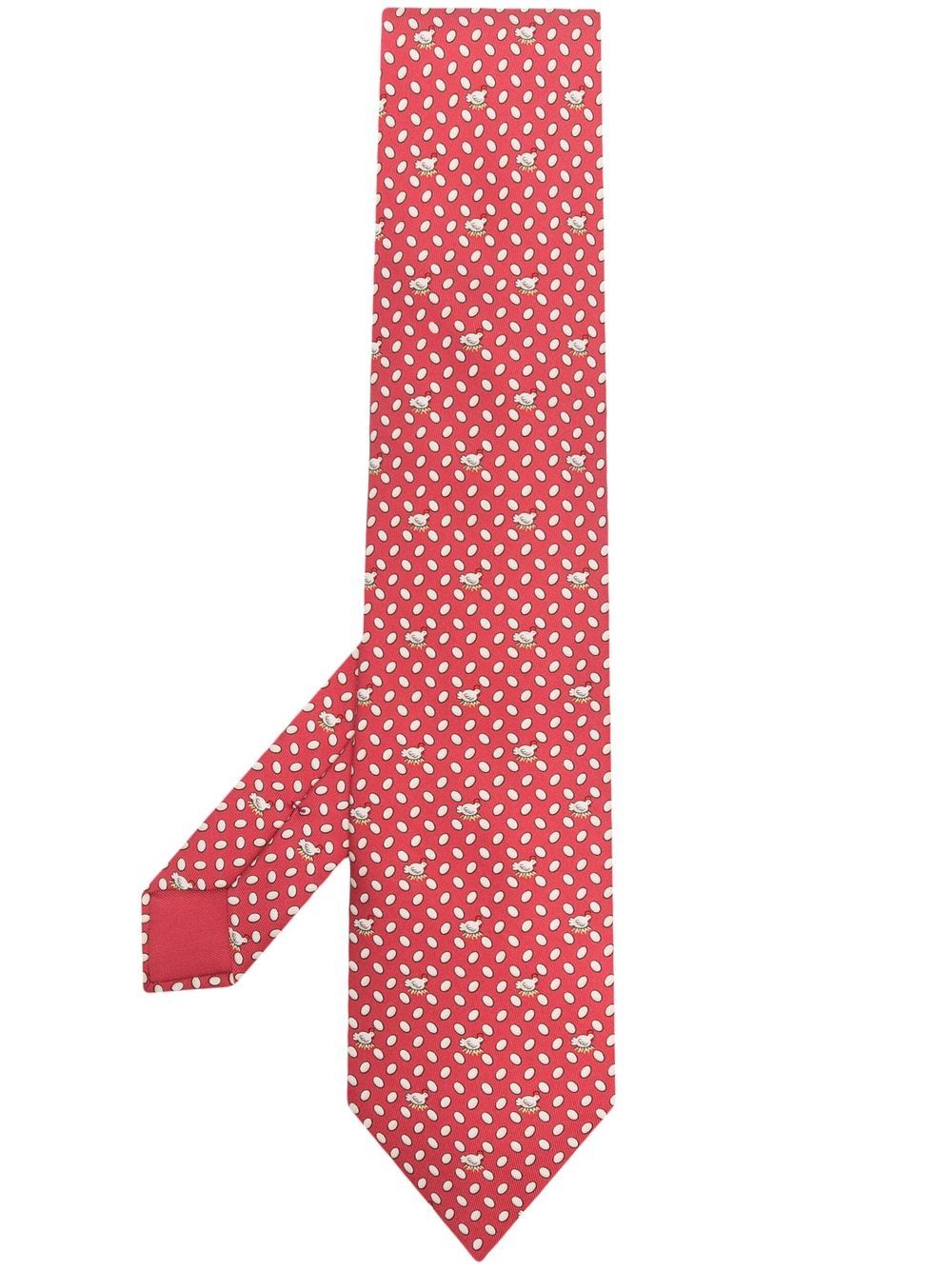 Pre-owned Hermes 2000s  Hen And Egg Print Silk Necktie In Red