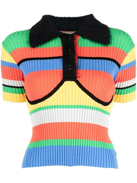 ribbed-knit striped polo top