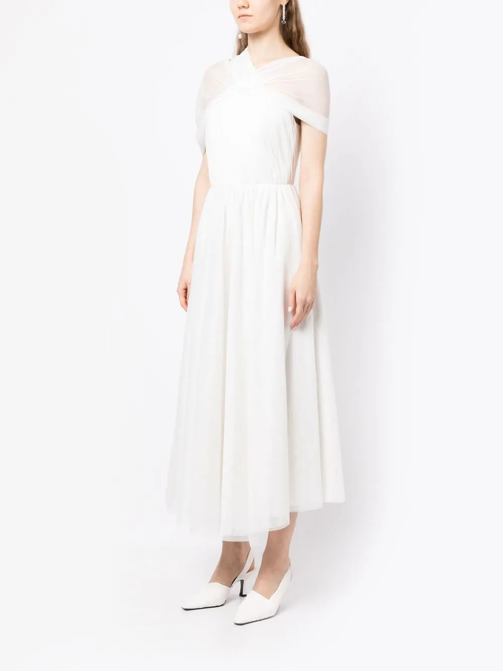 Shop Anouki Sheer-sleeve Pleated Dress In White