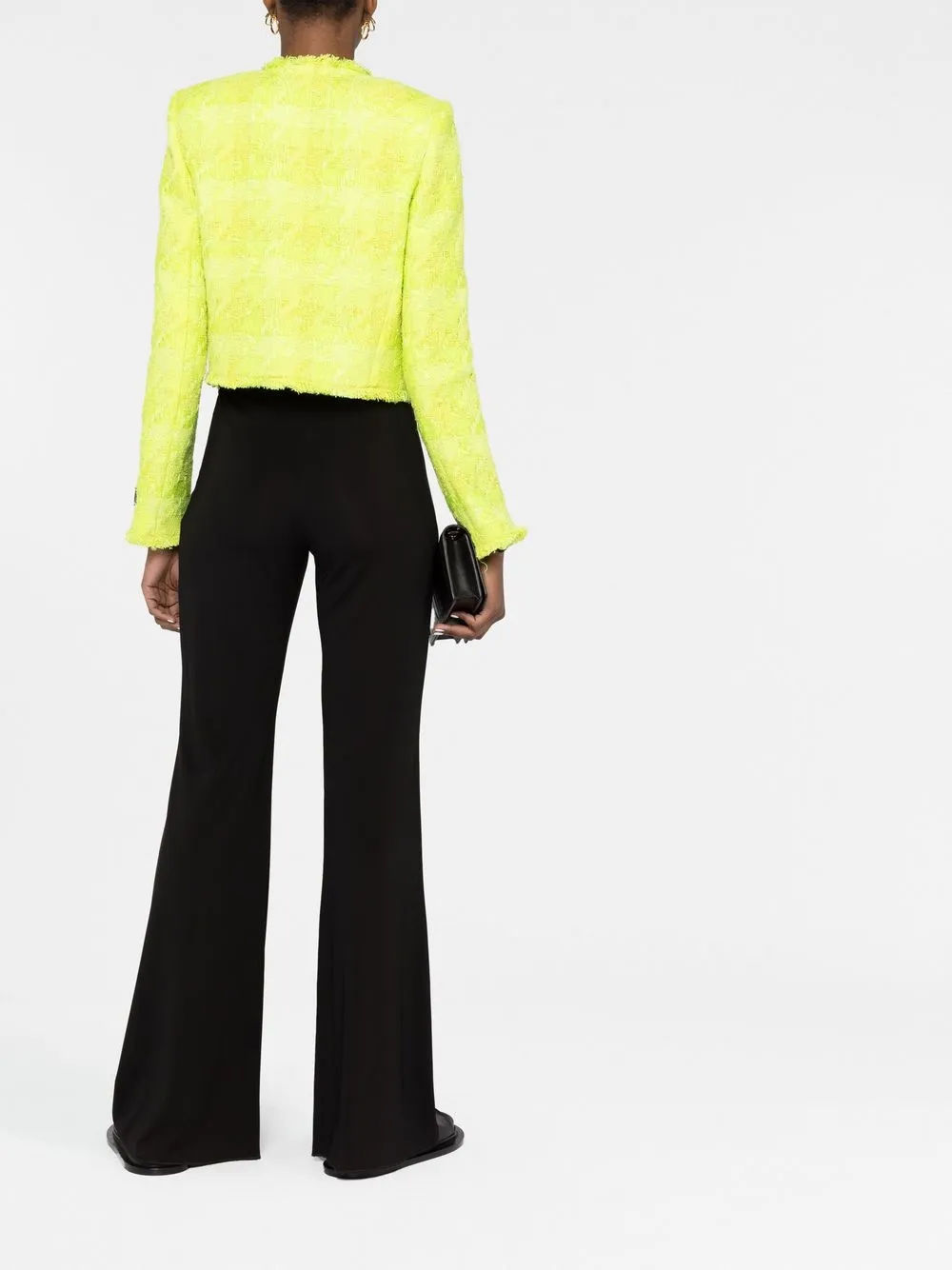 Versace Fringed Metallic Checked Wool-blend Tweed Jacket In Green