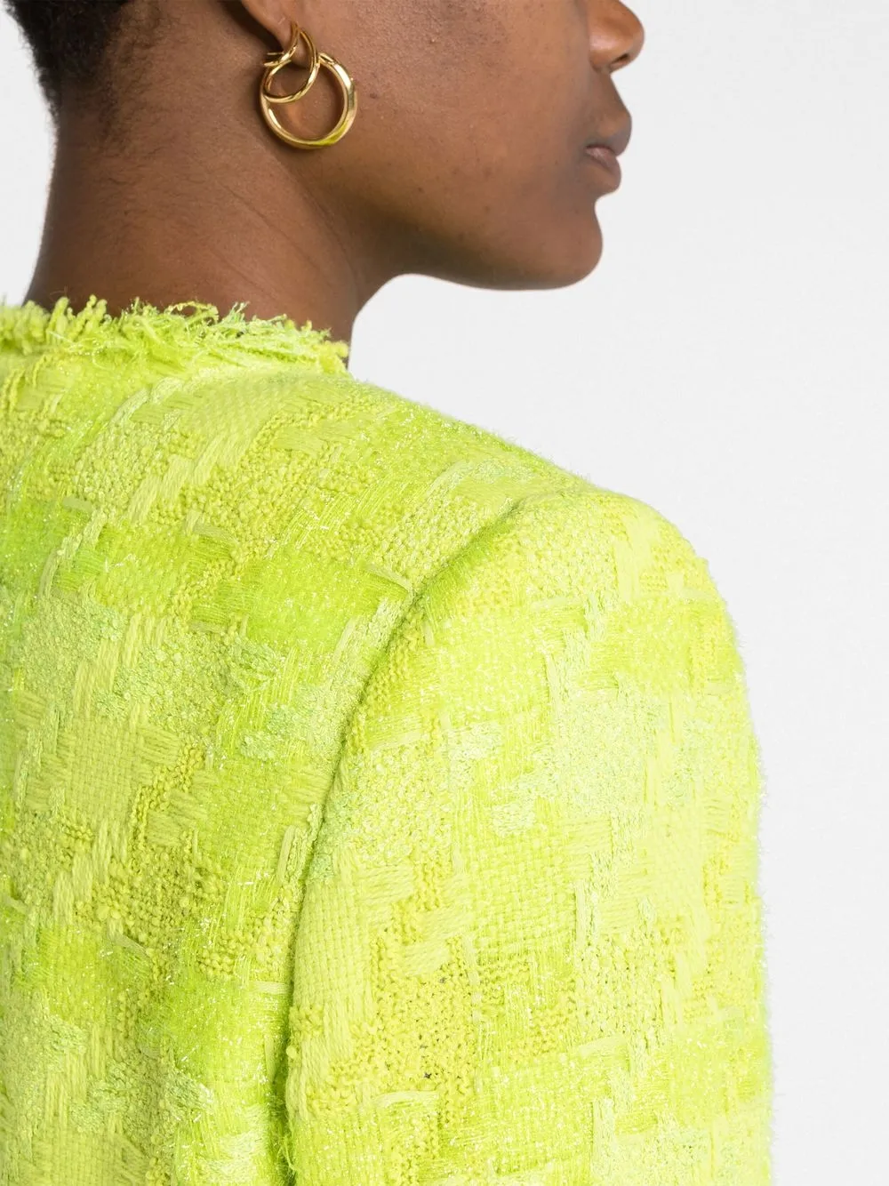 Versace Fringed Metallic Checked Wool-blend Tweed Jacket In Green