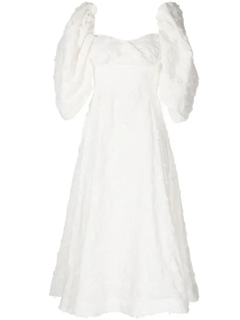 ANOUKI puff-sleeve floral-embroidered midi dress