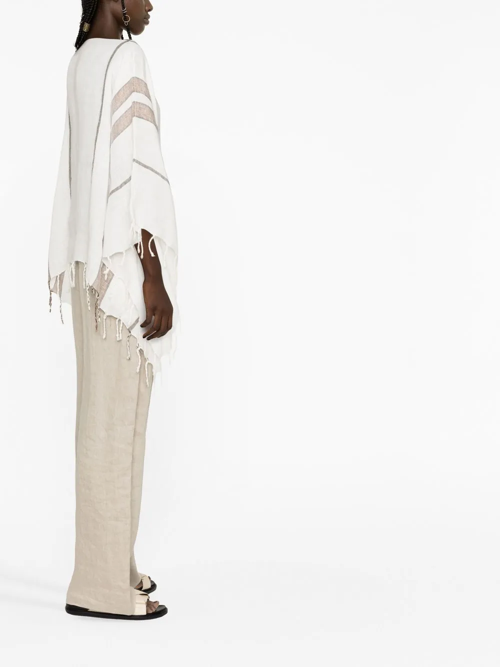 Brunello Cucinelli Striped Fringed Metallic Linen-blend Poncho In 白色