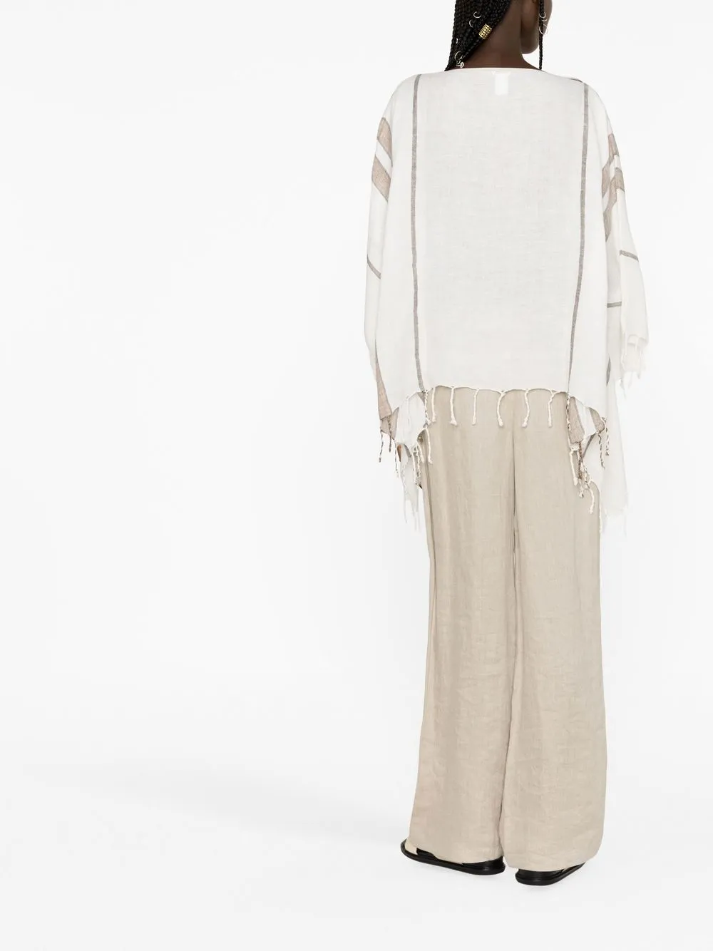 Brunello Cucinelli Striped Fringed Metallic Linen-blend Poncho In 白色