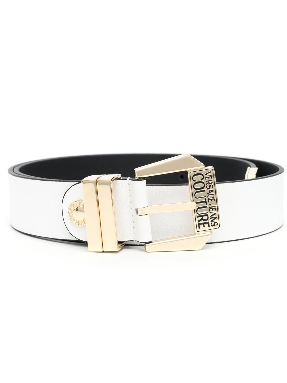 Shop Versace Jeans Couture Engraved-logo Leather Belt In 白色