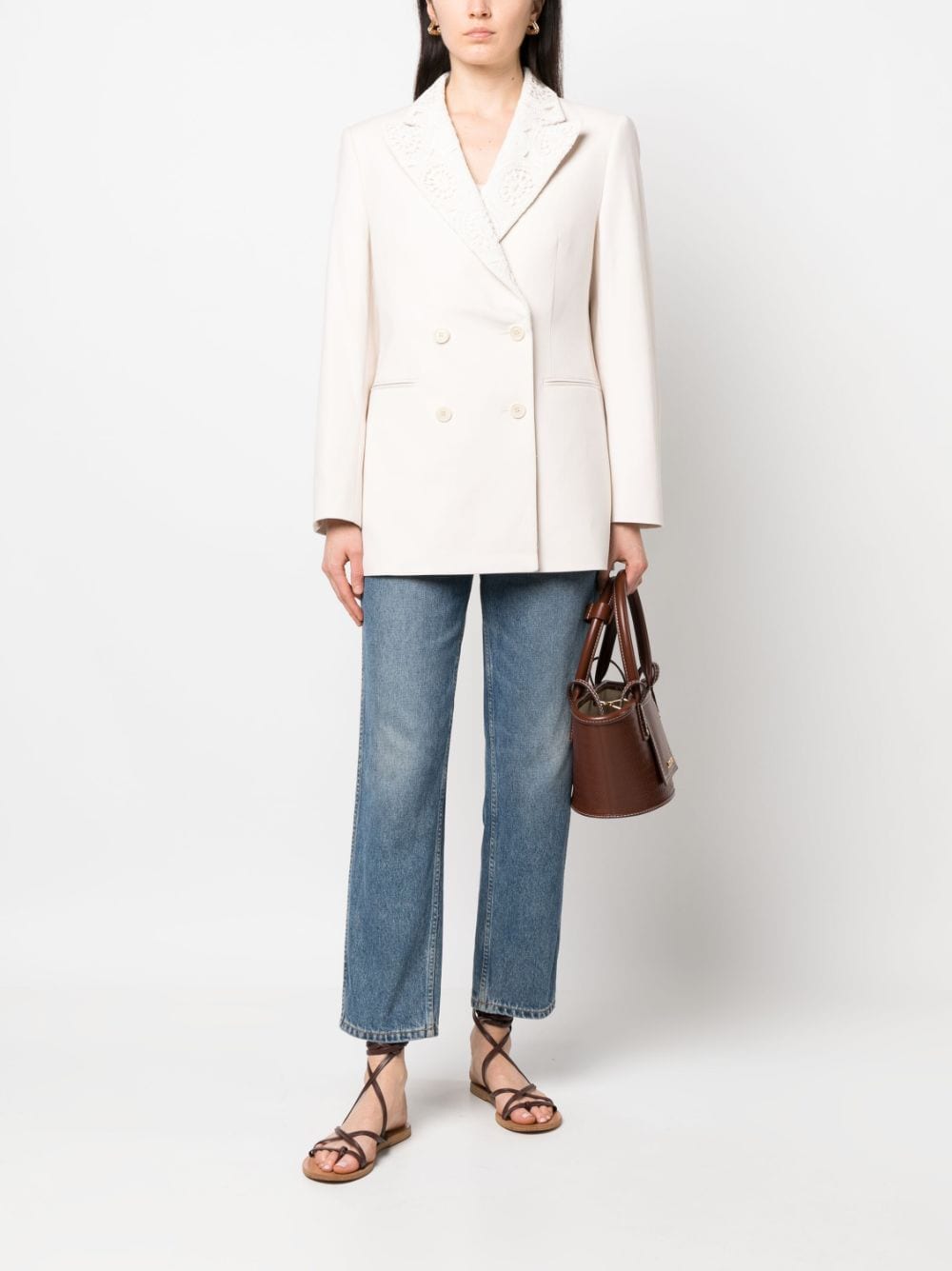 Shop Rodebjer Double-breasted Crochet Blazer In Neutrals