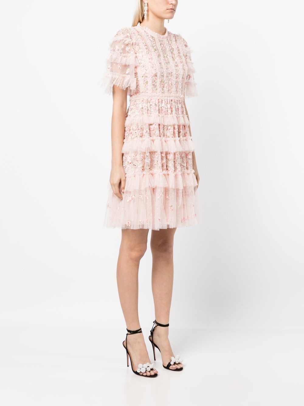 Shop Needle & Thread Floral-embroidery Tiered Ruffle Dress In Rosa
