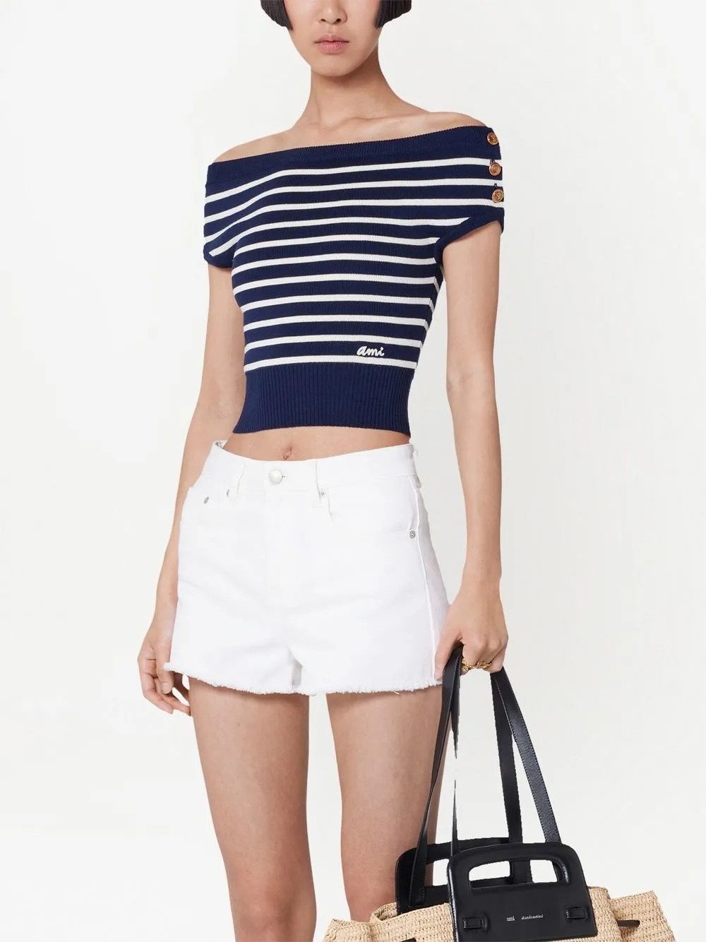 AMI Paris Merino Wool off-shoulder Striped Top | Blue | FARFETCH AO