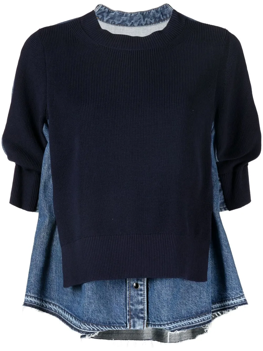 

sacai layered knit-denim top - Blue