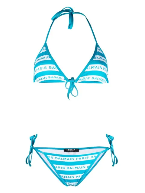 Balmain bikini rayé à logo imprimé