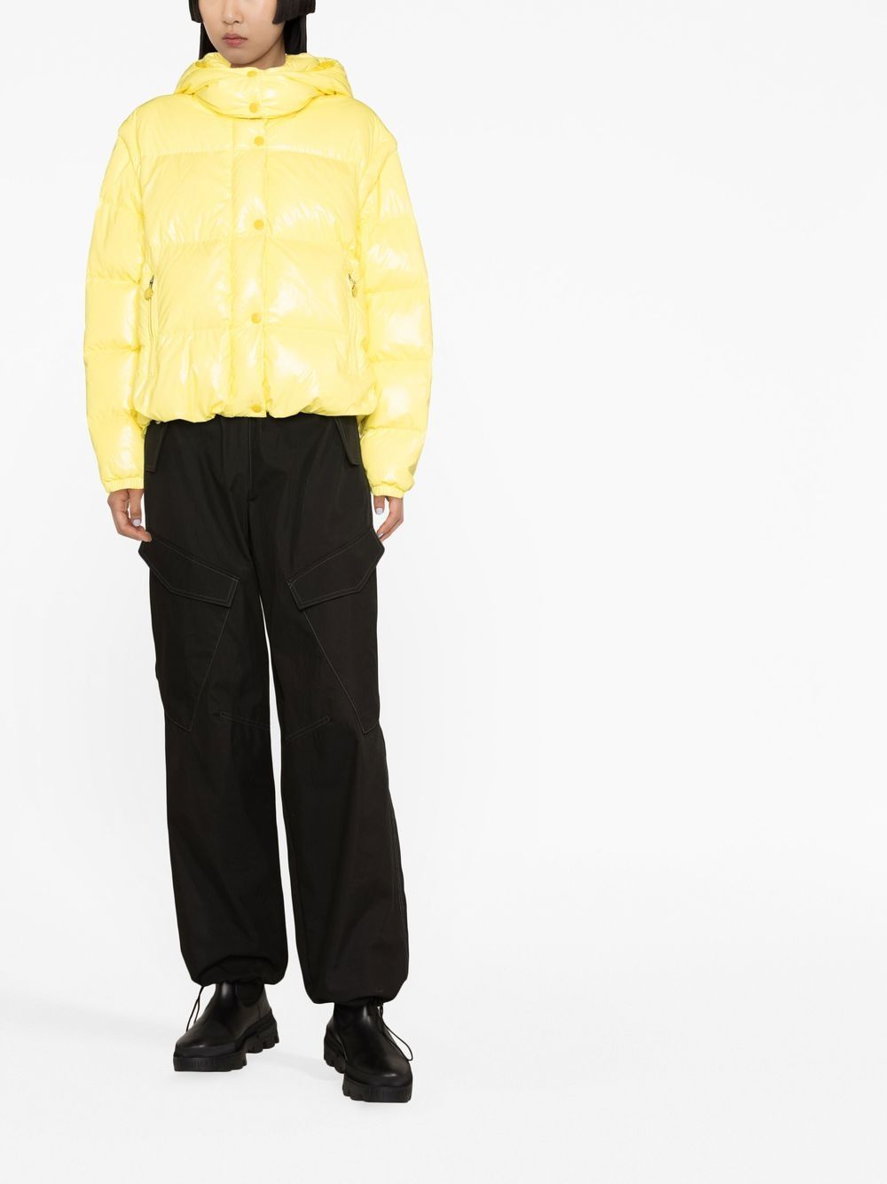 Shop Moncler Yellow Hooded Puffer Jacket