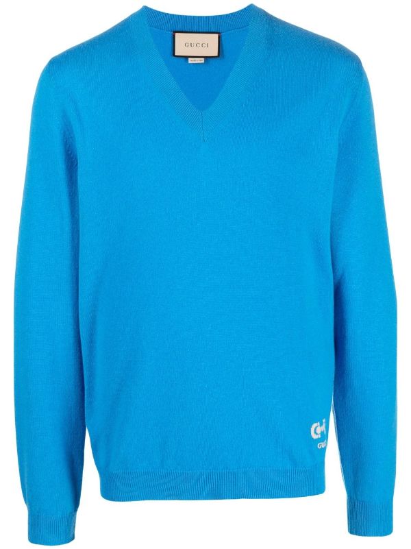 Gucci V neck Horsebit detail Sweater Blue FARFETCH AE