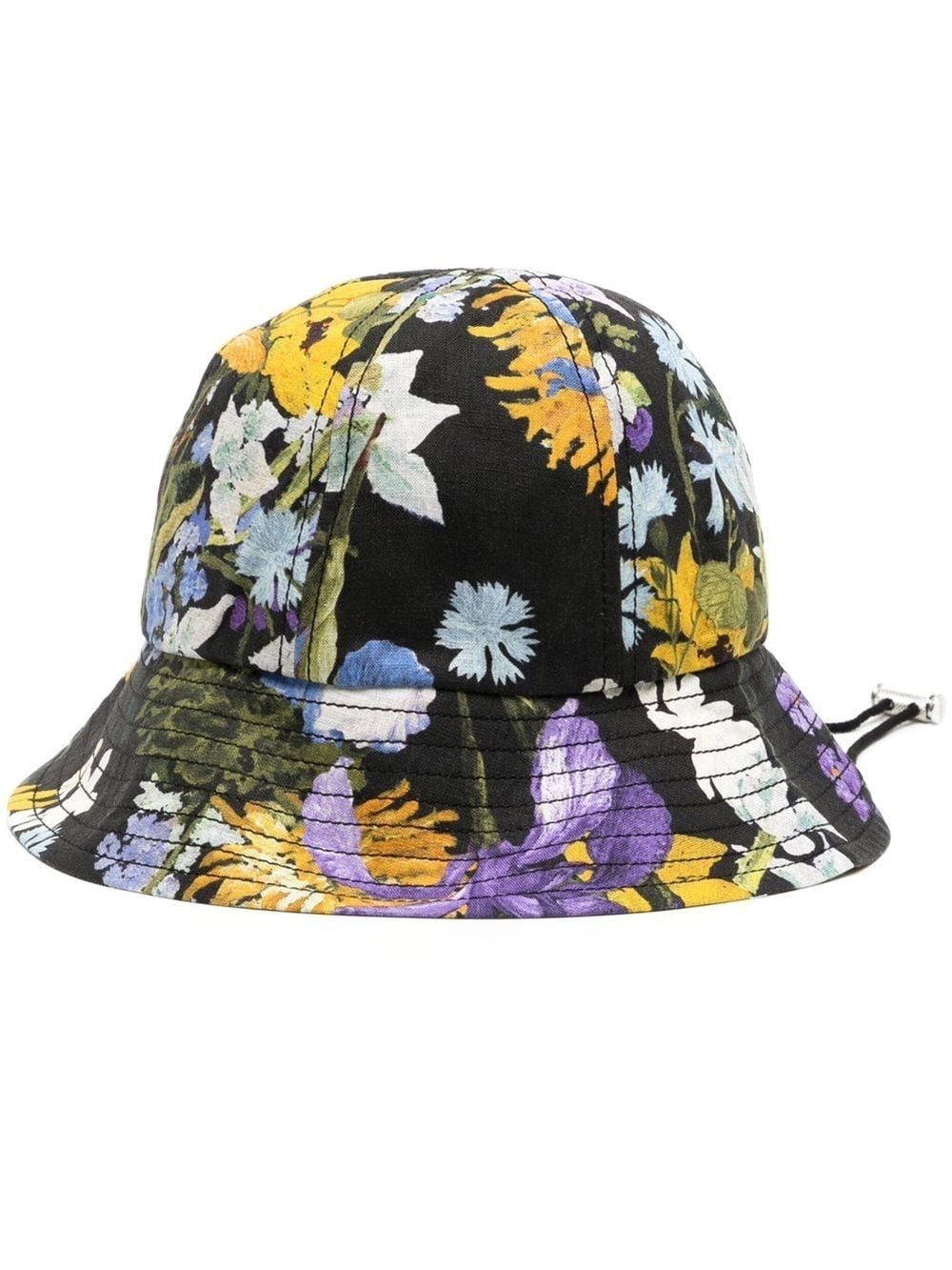 Shop Erdem Floral-print Drawstring Bucket Hat In Black