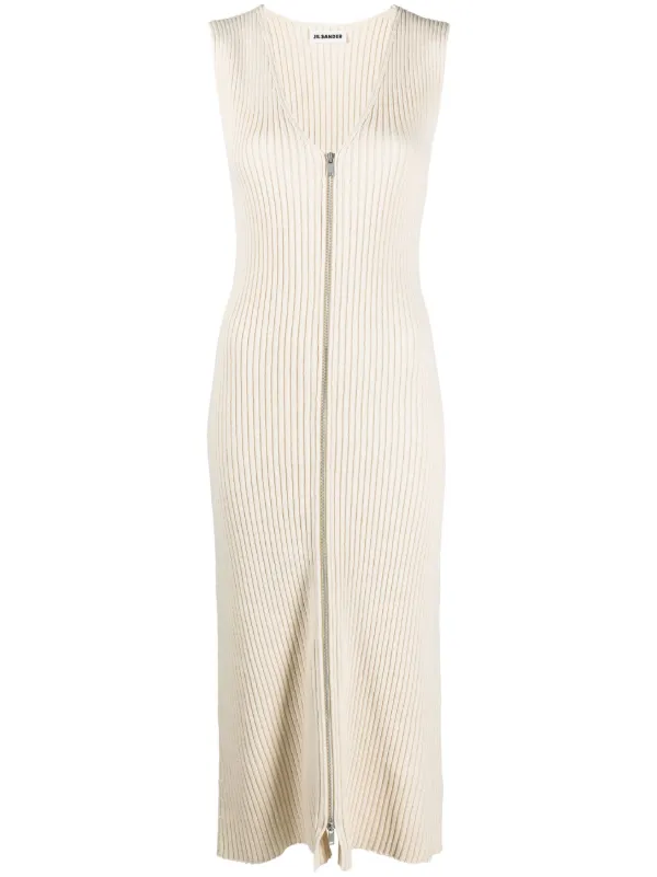 Jil Sander V-neck Ribbed-knit Midi Dress in Neutrals