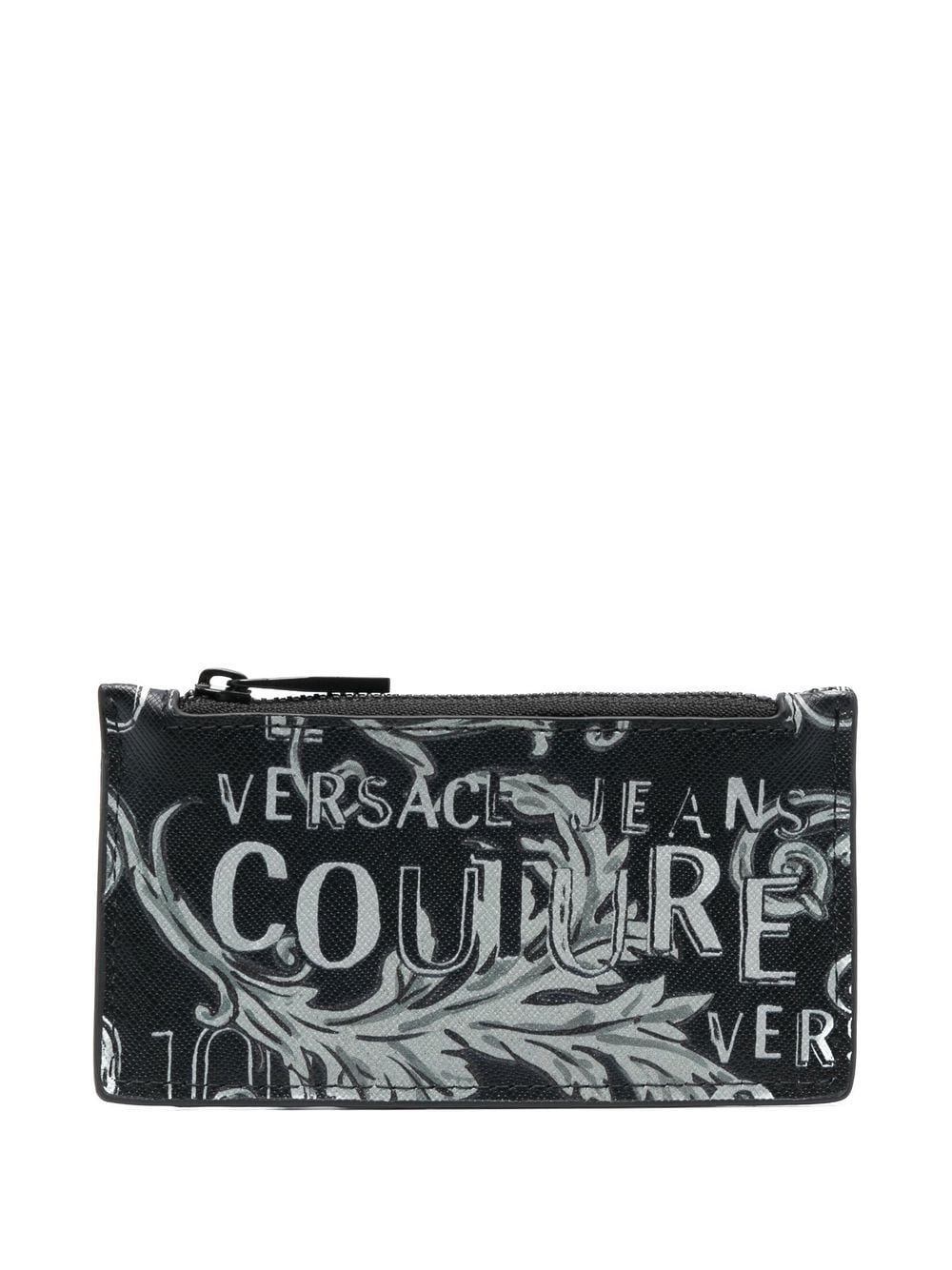 Versace Jeans Couture Baroque Saffiano皮革拉链开合钱包 In Black,silver