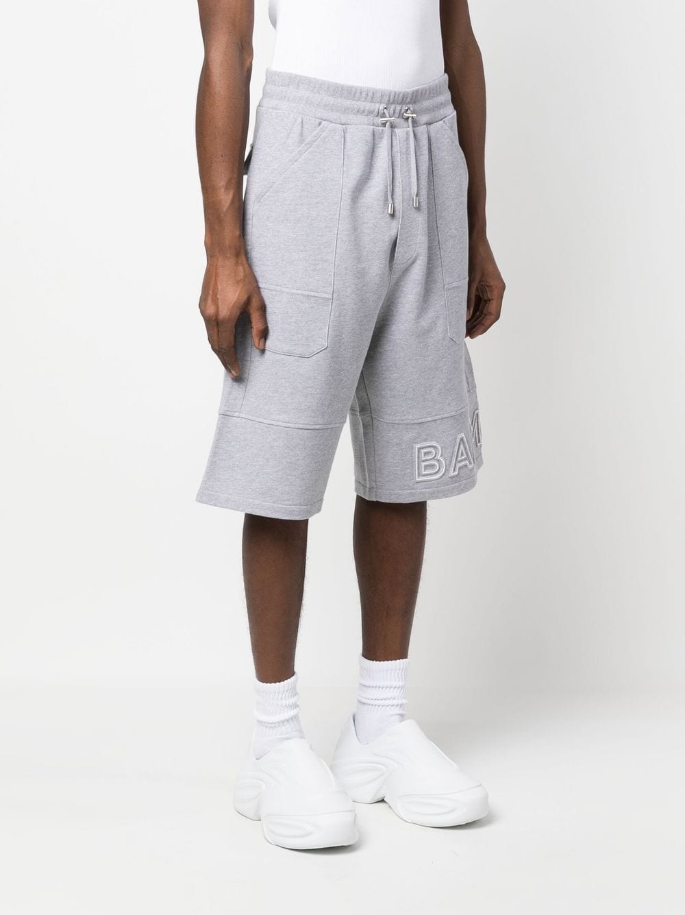 Shop Balmain Logo-print Cotton Bermuda Shorts In Grey