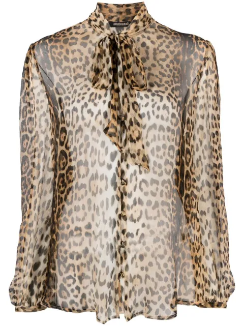 Roberto Cavalli leopard-print sheer pussybow blouse