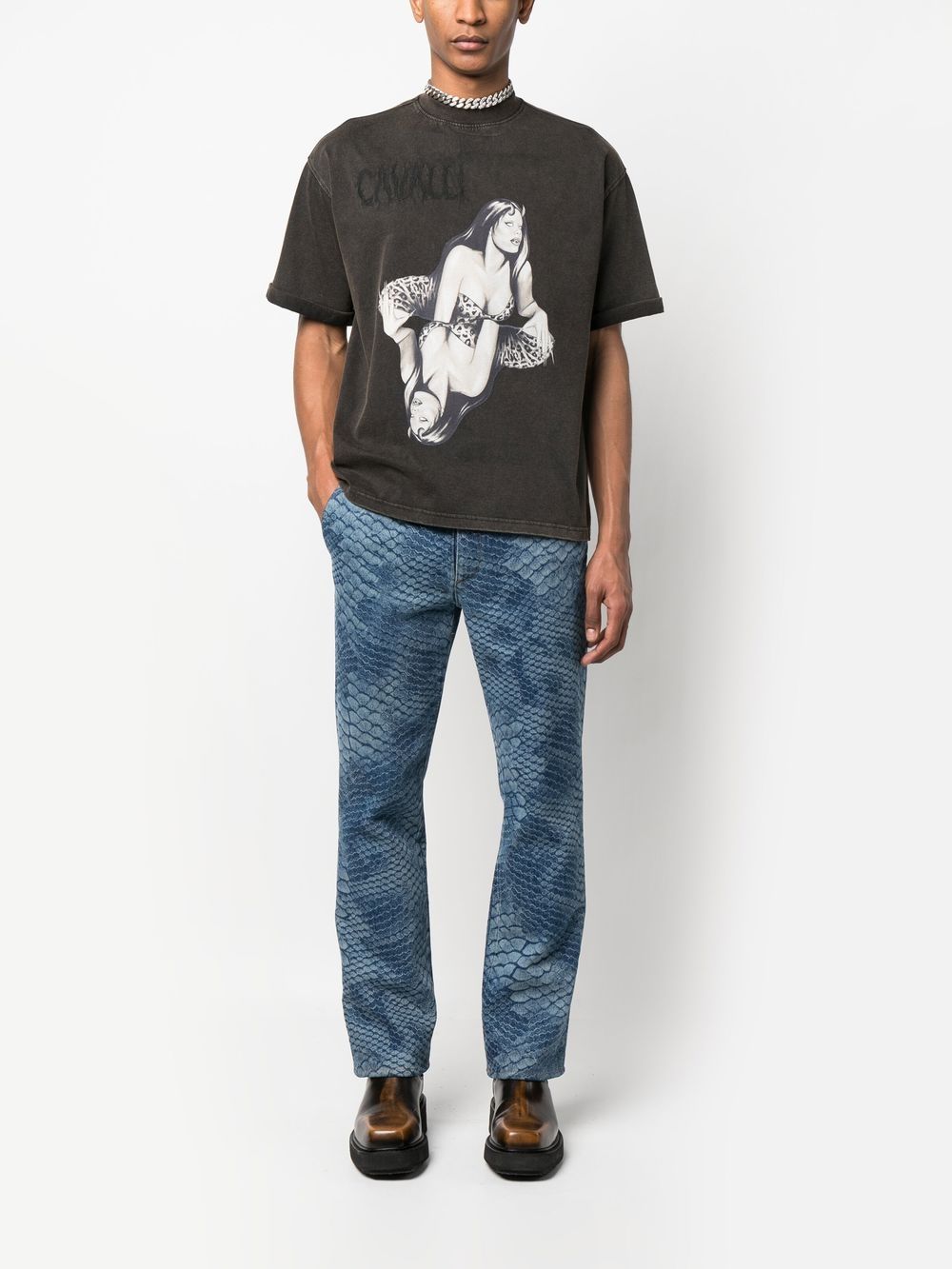 Shop Roberto Cavalli Graphic-print T-shirt In Grey