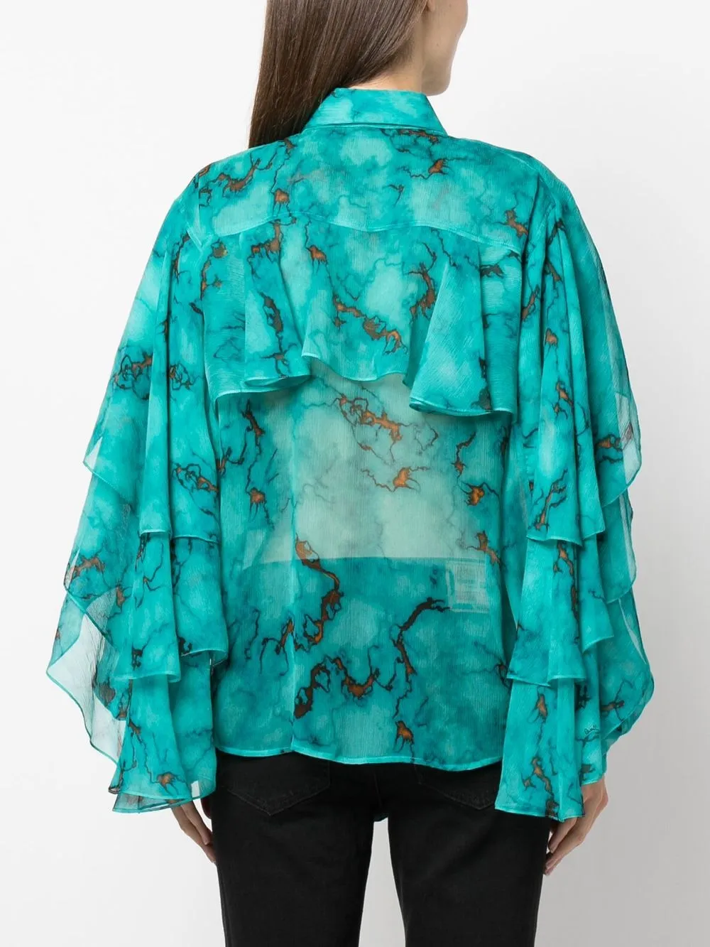 Shop Roberto Cavalli Ruffled Marble-print Shirt In Blue